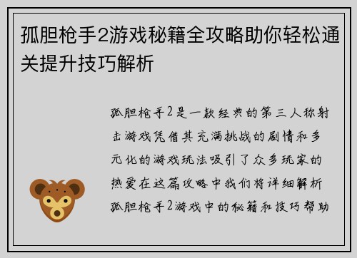 孤胆枪手2游戏秘籍全攻略助你轻松通关提升技巧解析